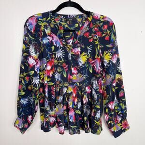 J Crew Silk Pleated Floral Popover Blouse Top Navy Blue XSmall K1822 Womens